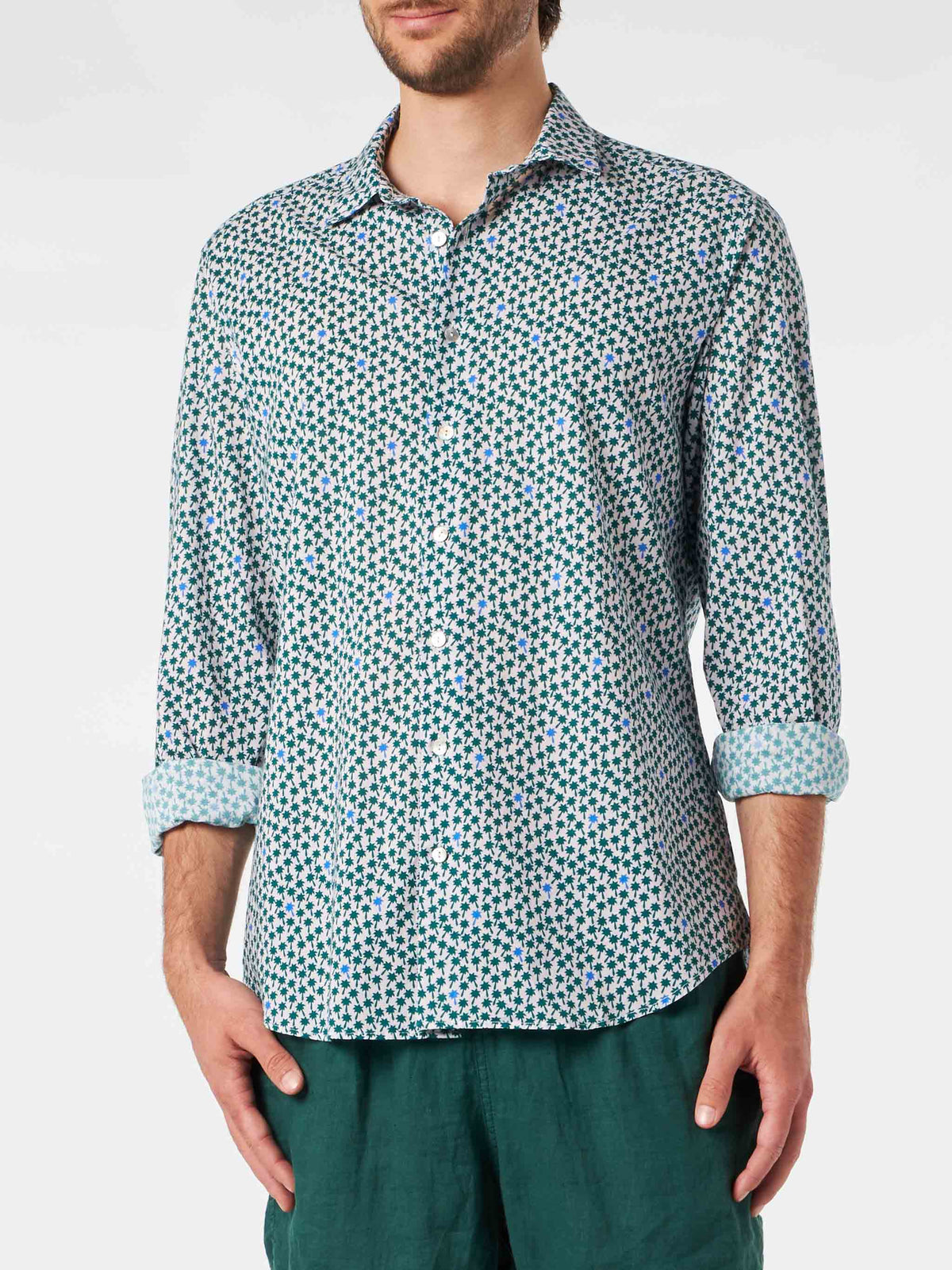 Camicia Sikelia rosa in mussola con motivo micro palme product image 1