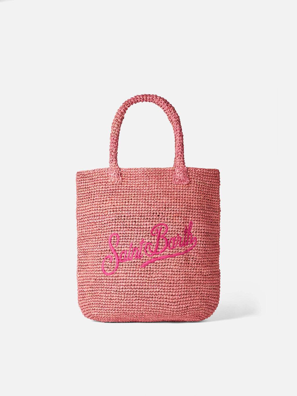 Borsa Bucket rosa in rafia con ricamo logo fucsia