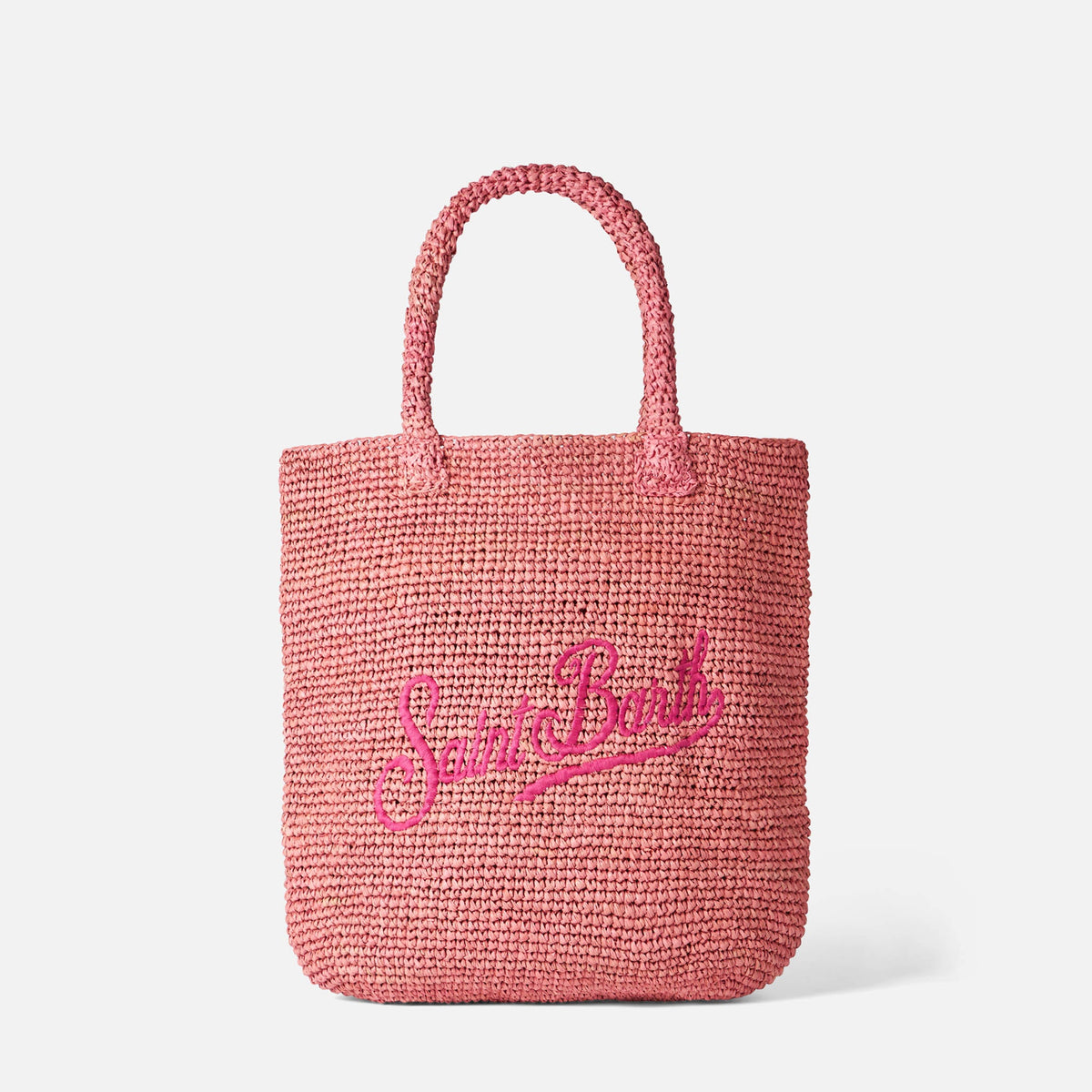 Borsa Bucket rosa in rafia con ricamo logo fucsia