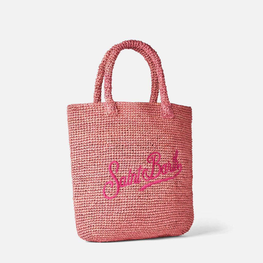 Borsa Bucket rosa in rafia con ricamo logo fucsia