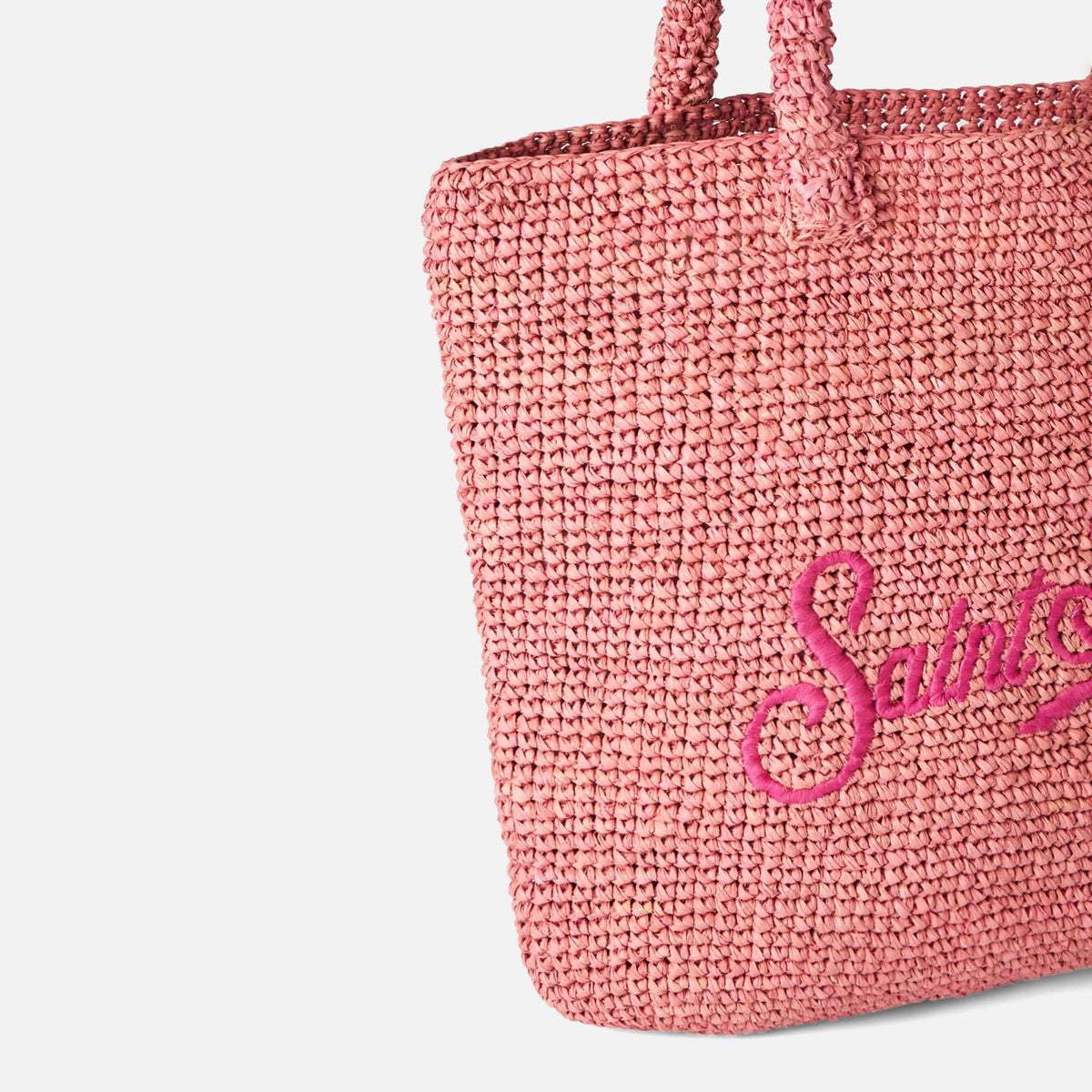 Borsa Bucket rosa in rafia con ricamo logo fucsia