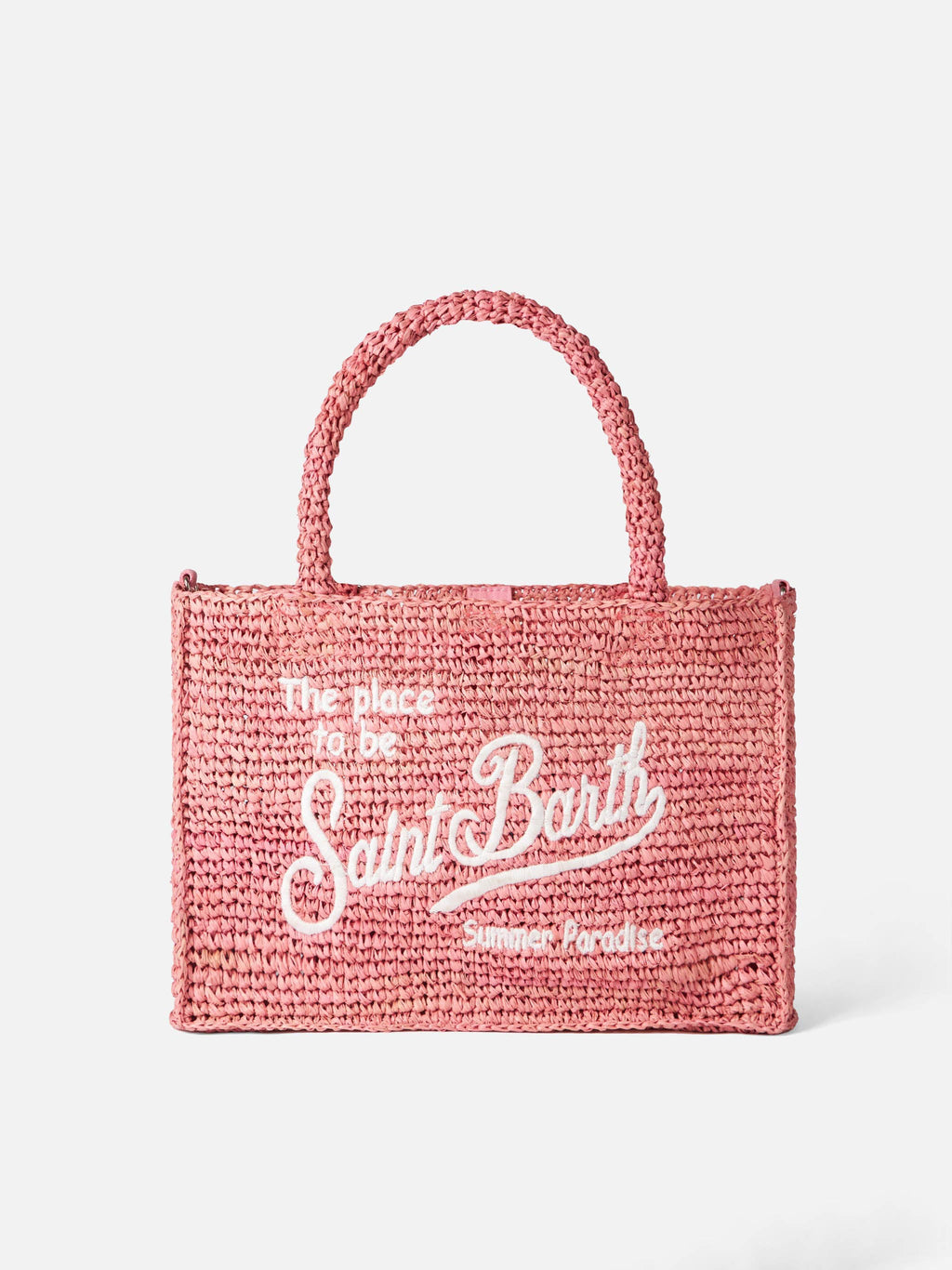 Borsa a mano Colette rosa in rafia con ricamo bianco