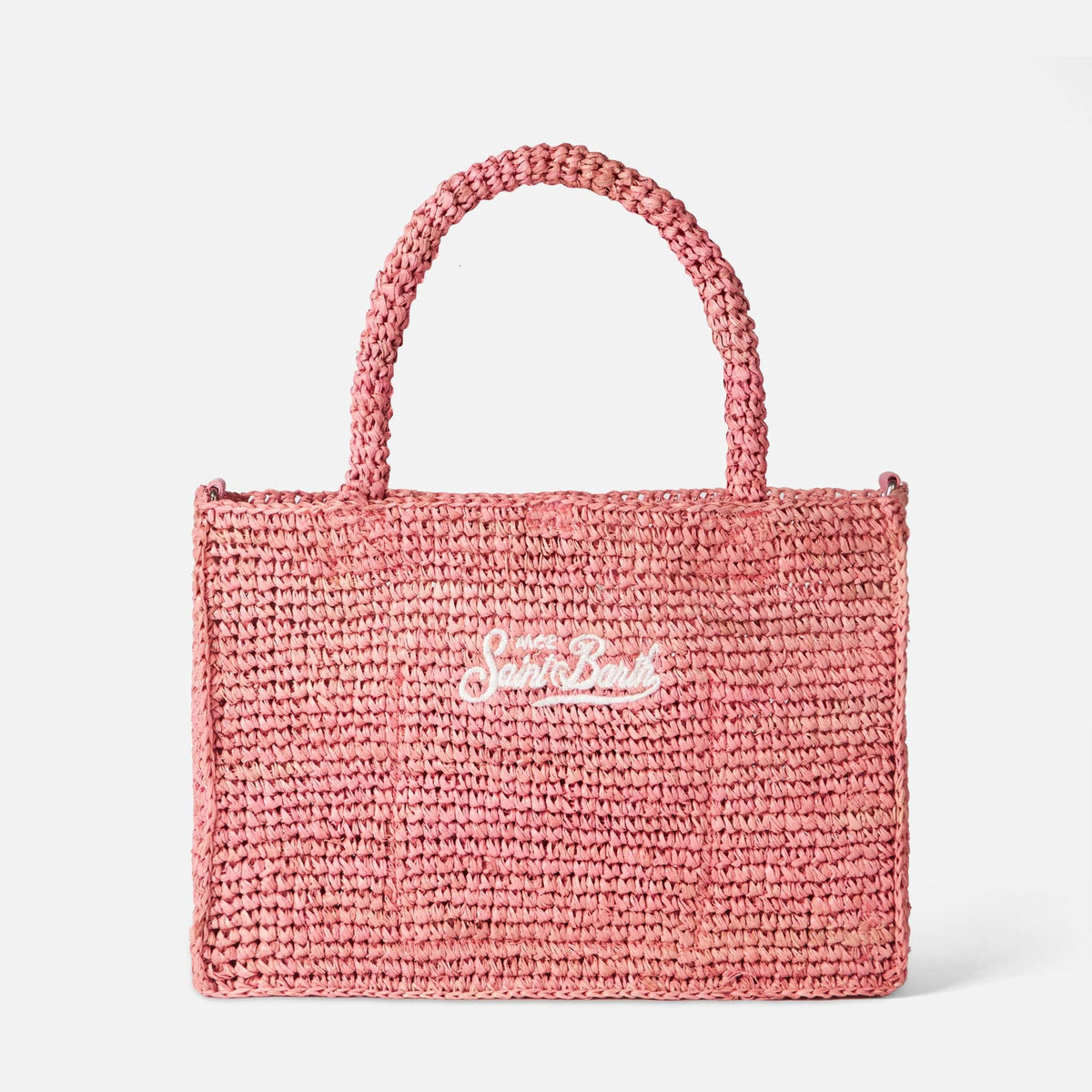 Borsa a mano Colette rosa in rafia con ricamo bianco