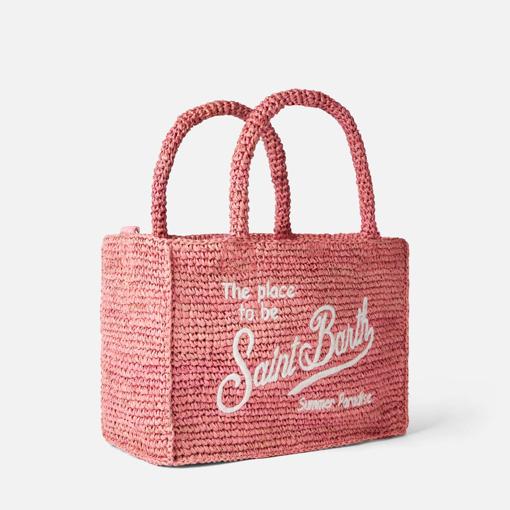 Borsa a mano Colette rosa in rafia con ricamo bianco