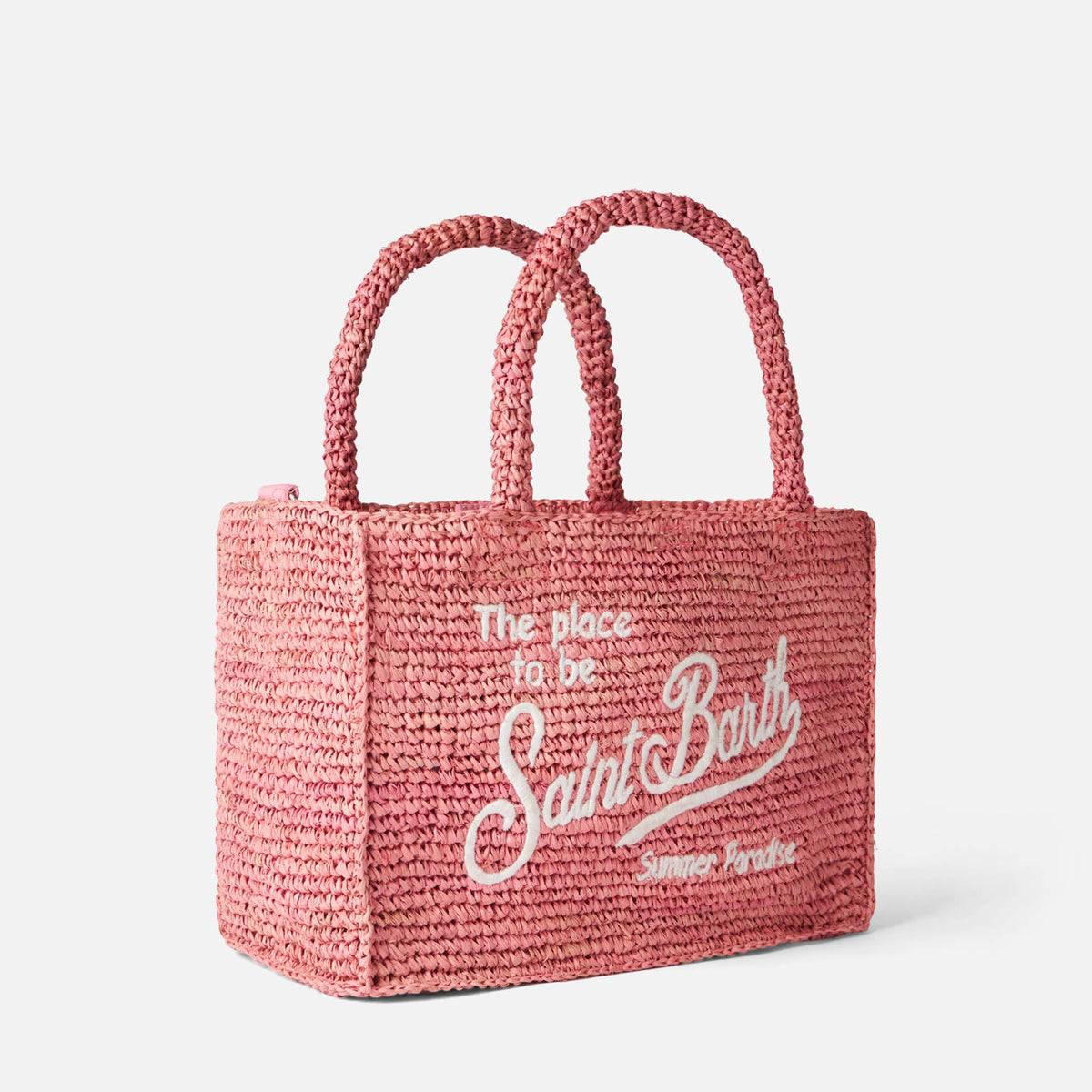 Borsa a mano Colette rosa in rafia con ricamo bianco