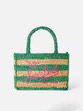Borsa a mano Colette in rafia a righe bianche e verdi con ricamo rosa
