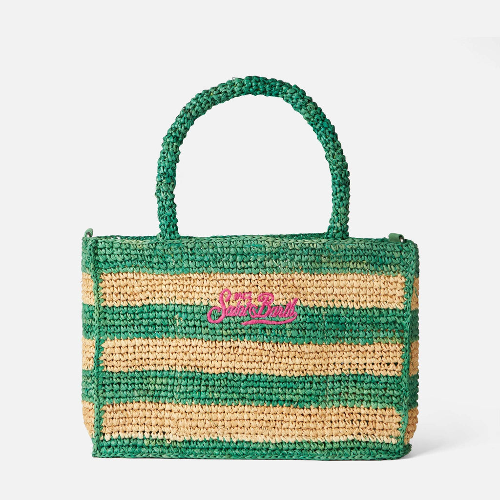 Borsa a mano Colette in rafia a righe bianche e verdi con ricamo rosa