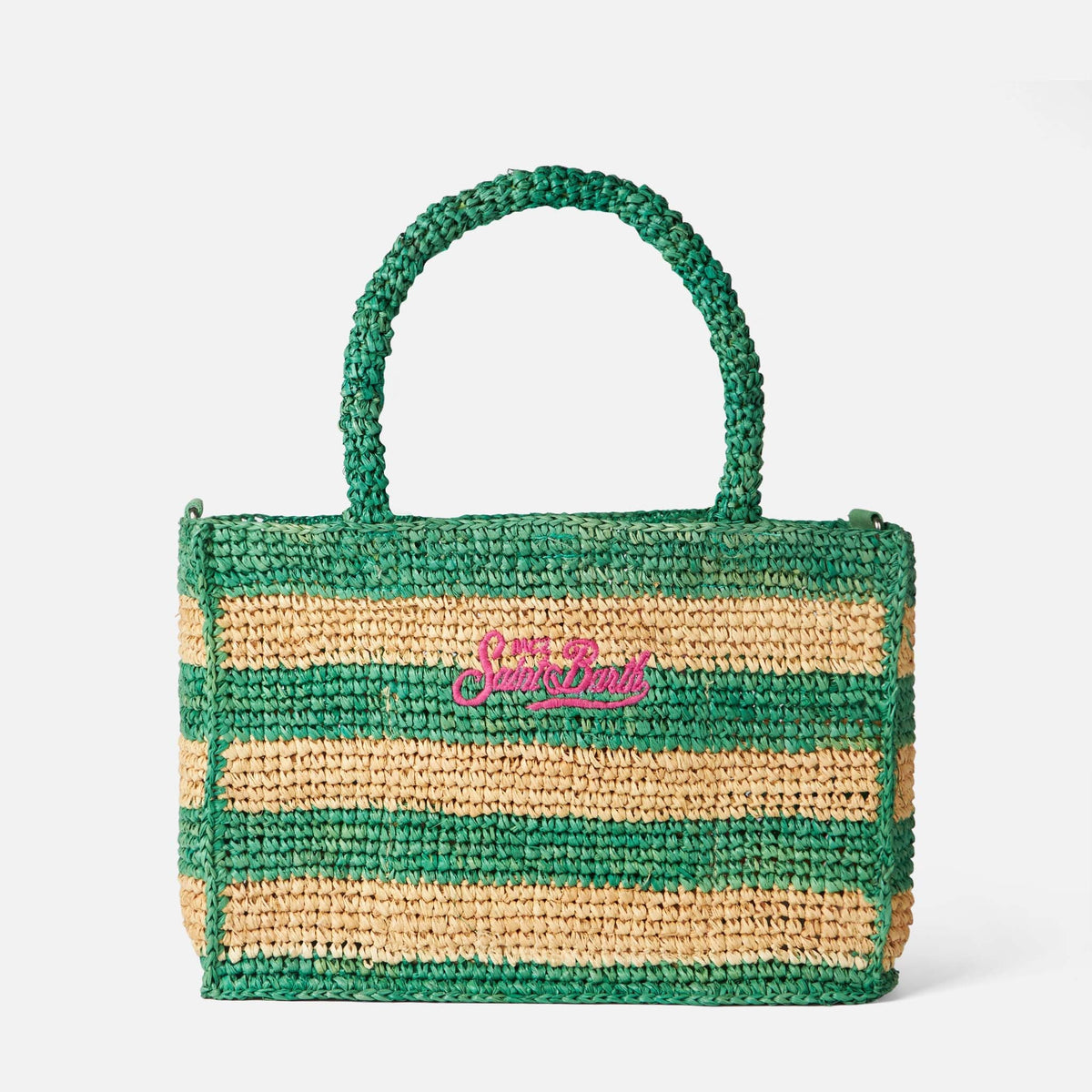 Borsa a mano Colette in rafia a righe bianche e verdi con ricamo rosa