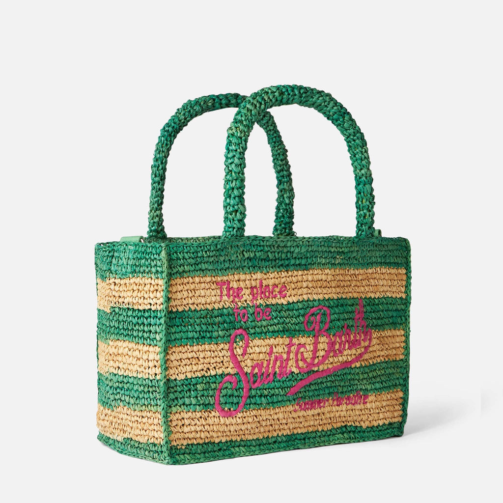 Borsa a mano Colette in rafia a righe bianche e verdi con ricamo rosa