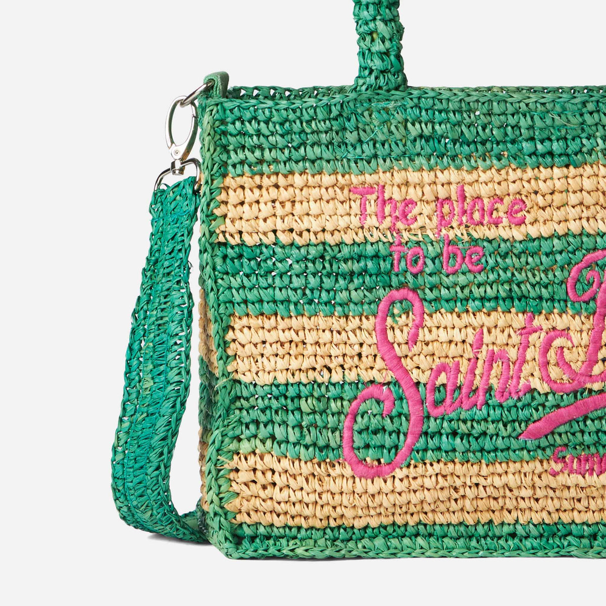 Borsa a mano Colette in rafia a righe bianche e verdi con ricamo rosa
