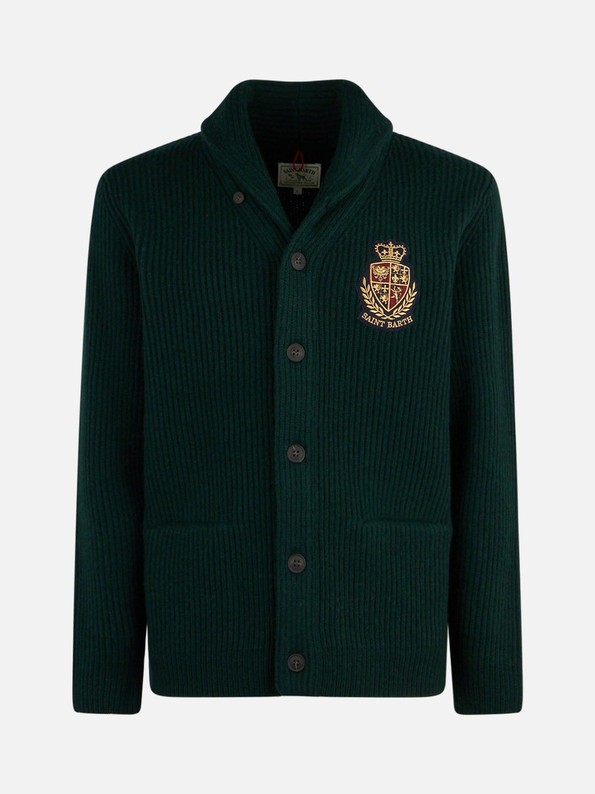 Cardigan Burford verde scuro con collo a scialle e patch