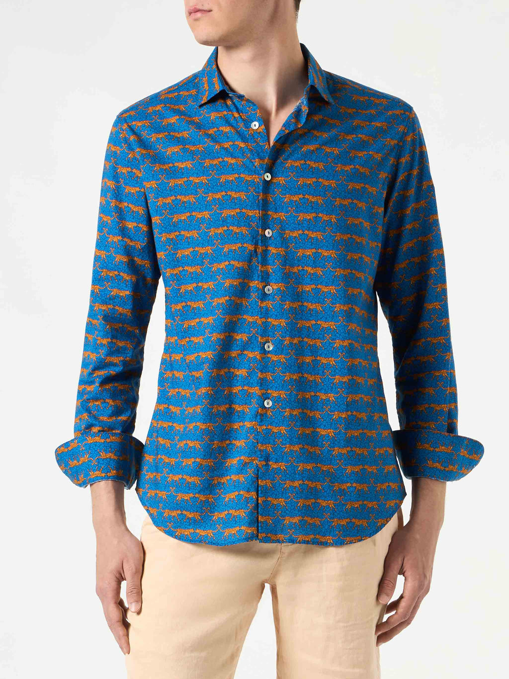 Camicia Sikelia blu navy in mussola con stampa felini product image 1
