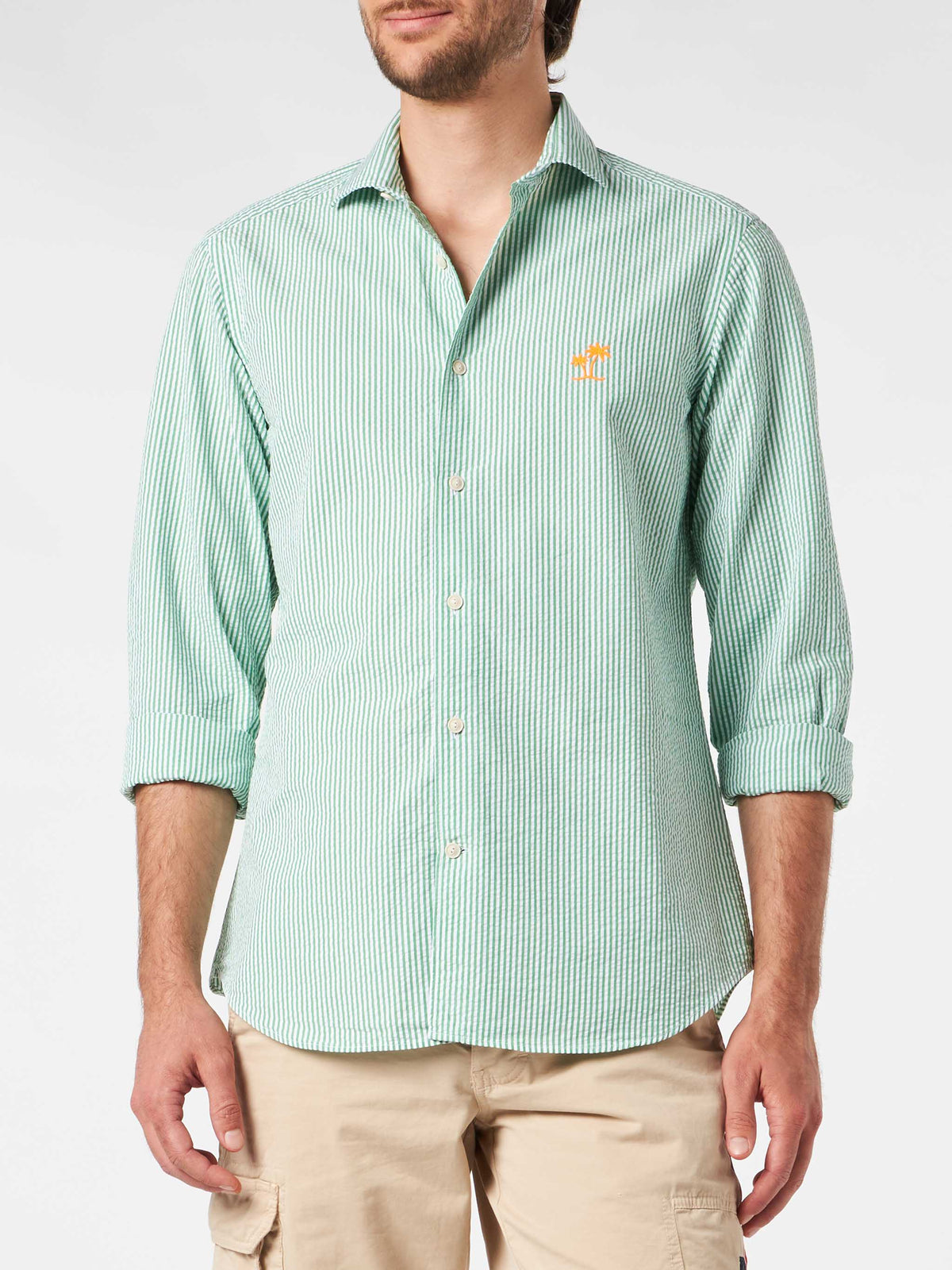 Camicia Pamplona verde e bianca in seersucker a righe con product image 1