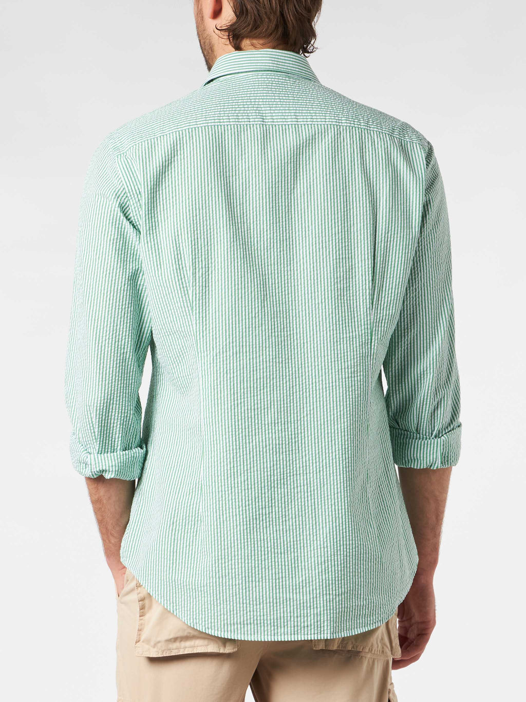 Camicia Pamplona verde e bianca in seersucker a righe con product image 2