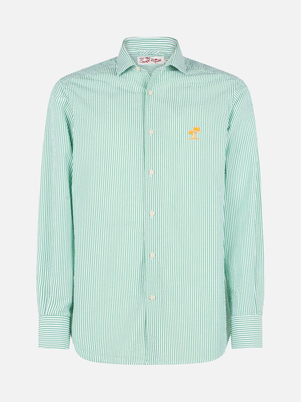 Camicia Pamplona verde e bianca in seersucker a righe con product image 4