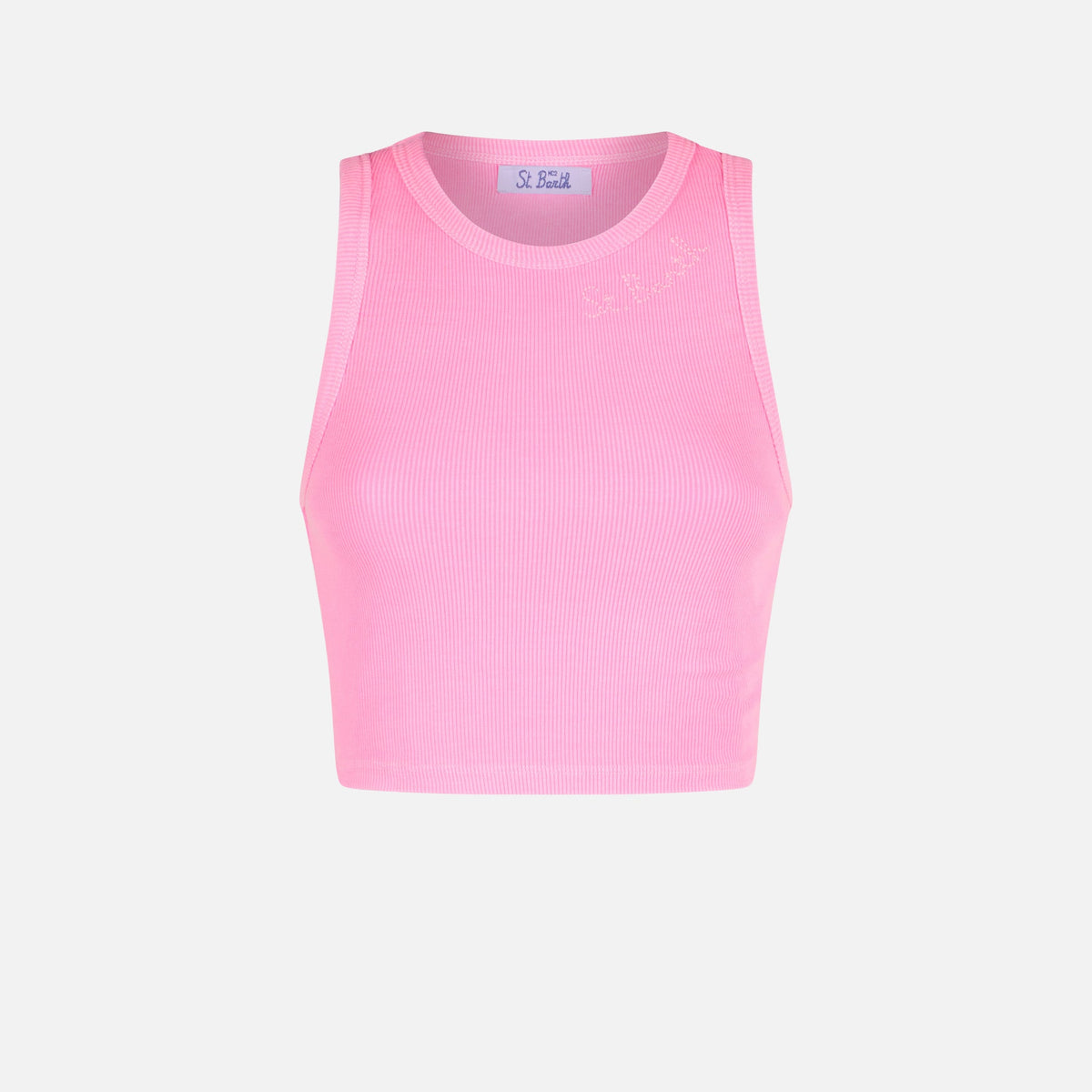 Canottiera corta Blue rosa fluo con ricamo rosa