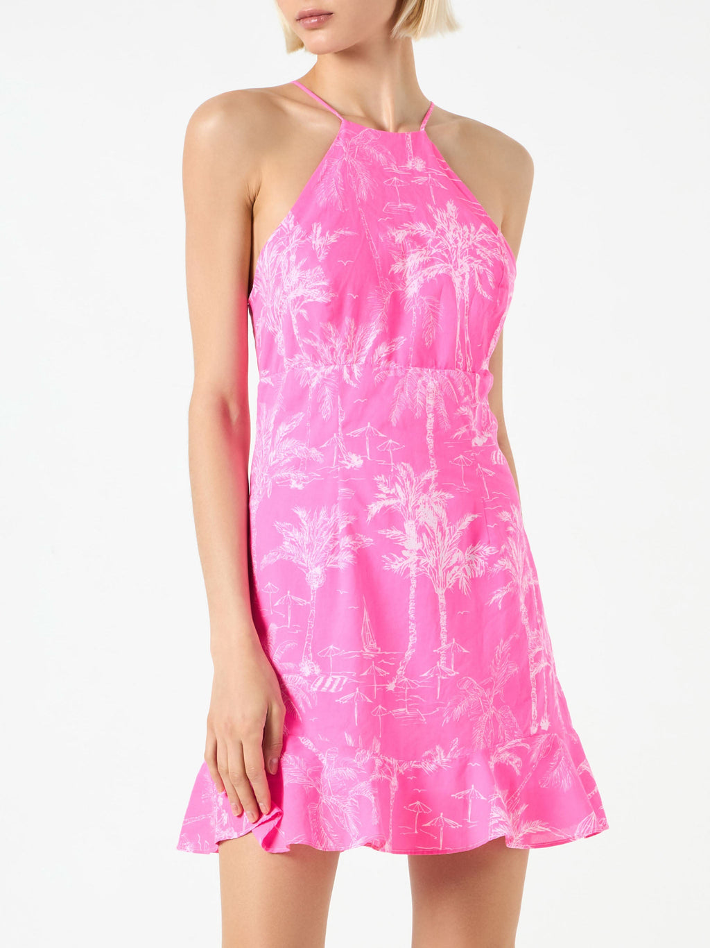 Abito sottoveste Avrill all’americana con stampa toile de Jouy rosa fluo