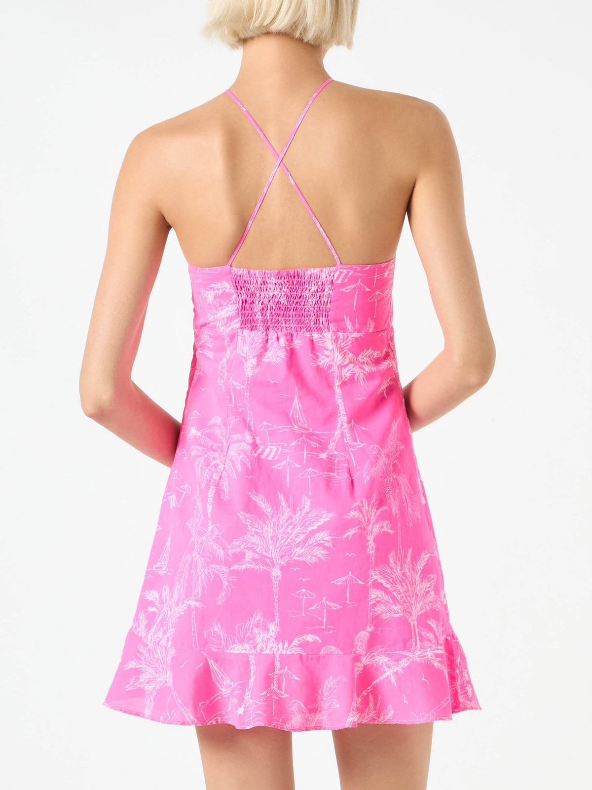 Abito sottoveste Avrill all’americana con stampa toile de Jouy rosa fluo