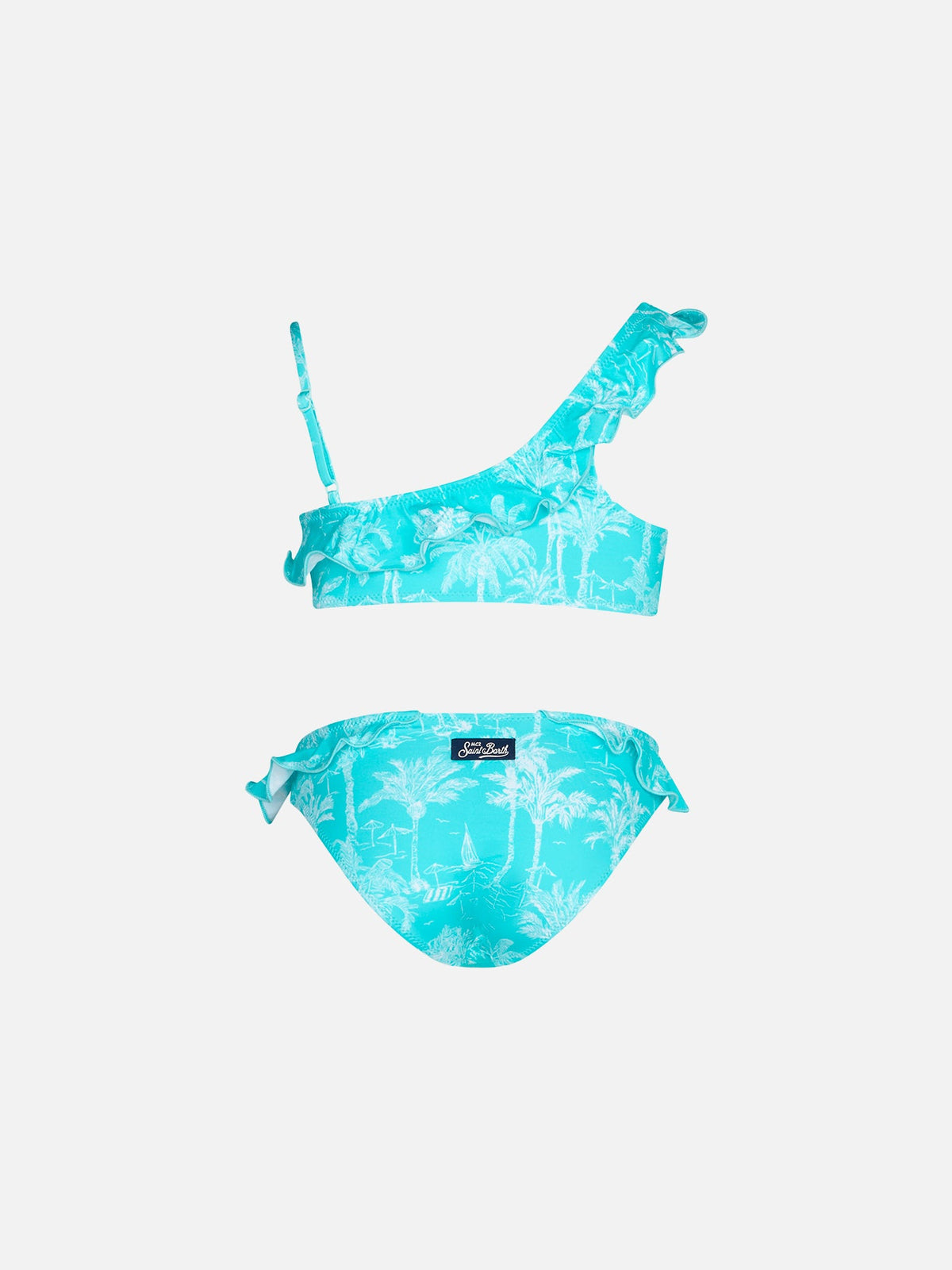 Bikini monospalla Rey verde acqua con stampa toile de Jouy