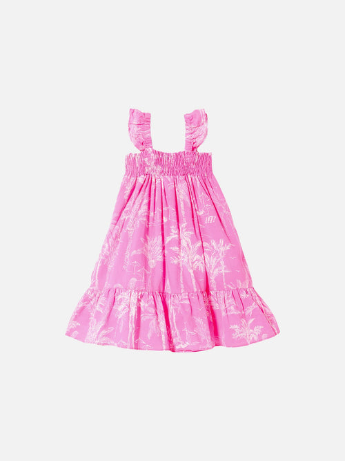 Abito Leonor con stampa all-over toile de Jouy rosa fluo