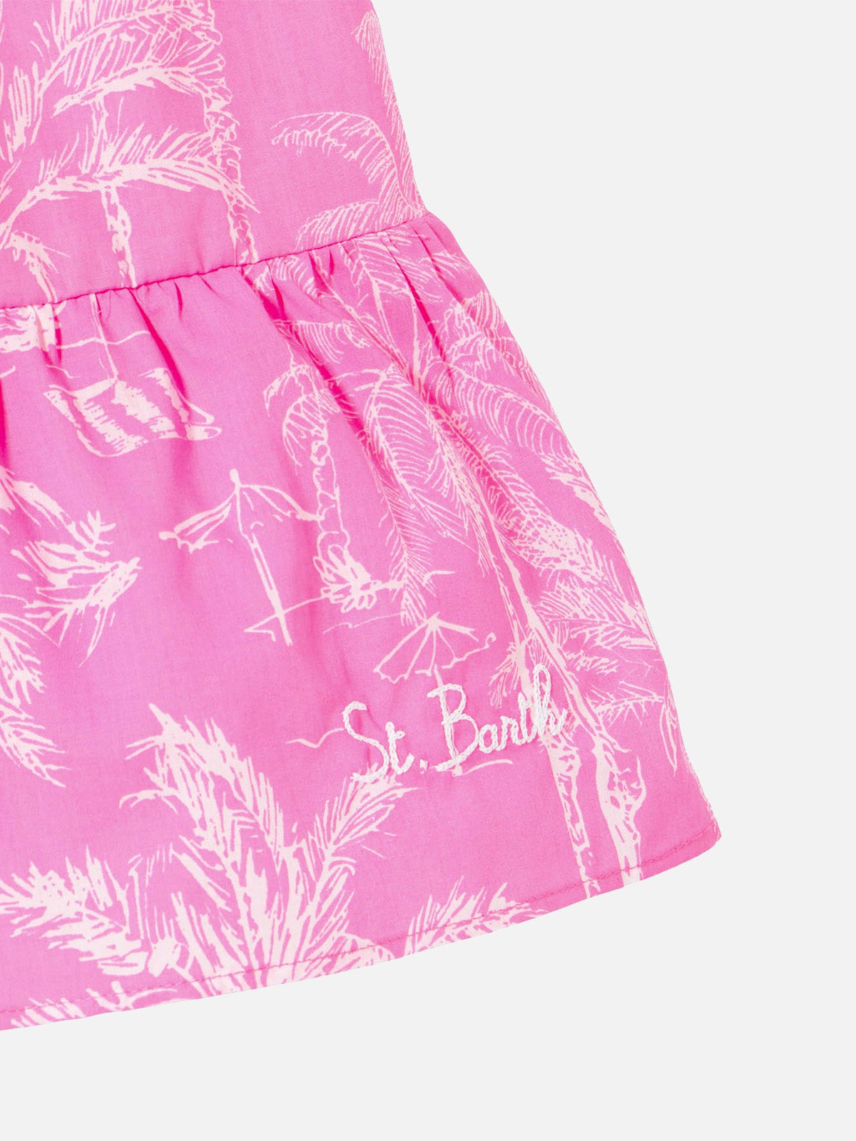Abito Leonor con stampa all-over toile de Jouy rosa fluo