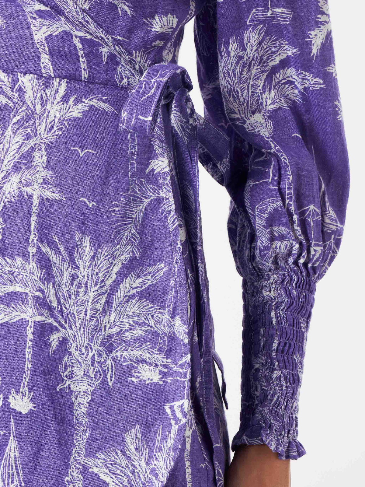 Abito corto a portafoglio Brilly in lino con stampa toile de Jouy viola