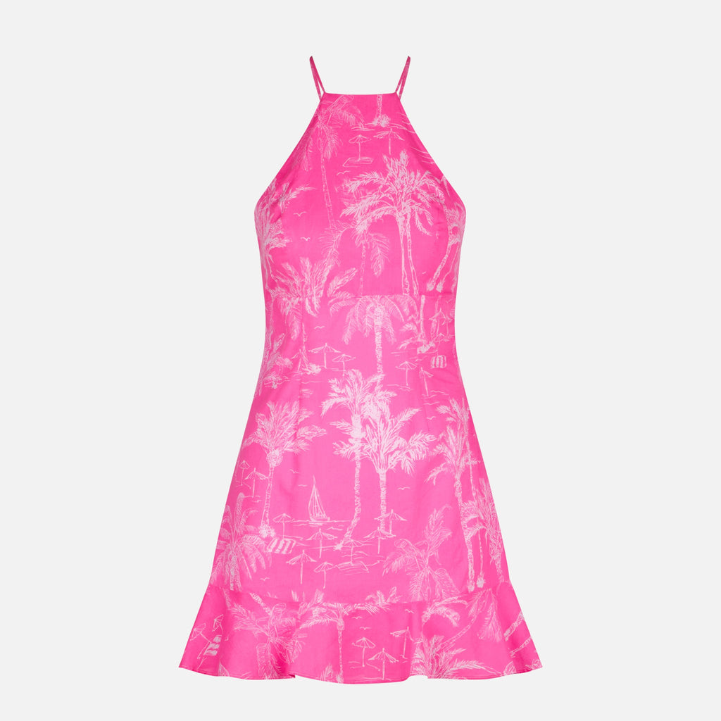 Abito sottoveste Avrill all’americana con stampa toile de Jouy rosa fluo