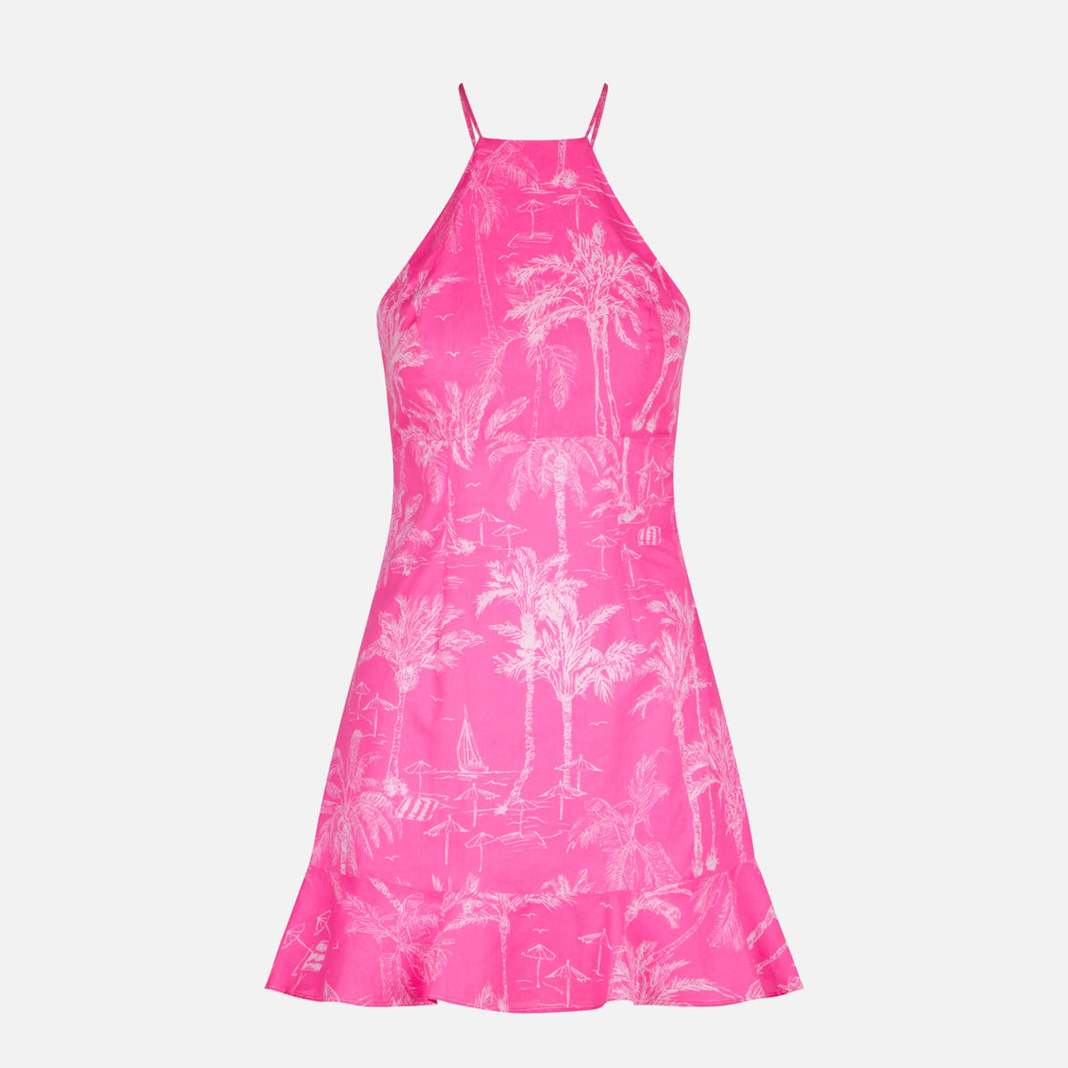 Abito sottoveste Avrill all’americana con stampa toile de Jouy rosa fluo