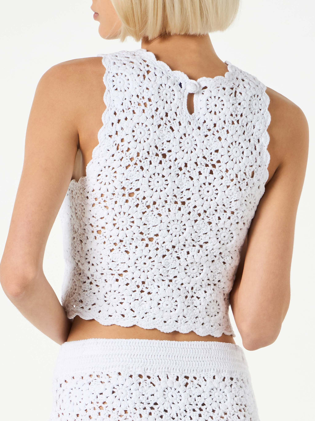 Top all’americana Medison bianco in crochet con motivo floreale