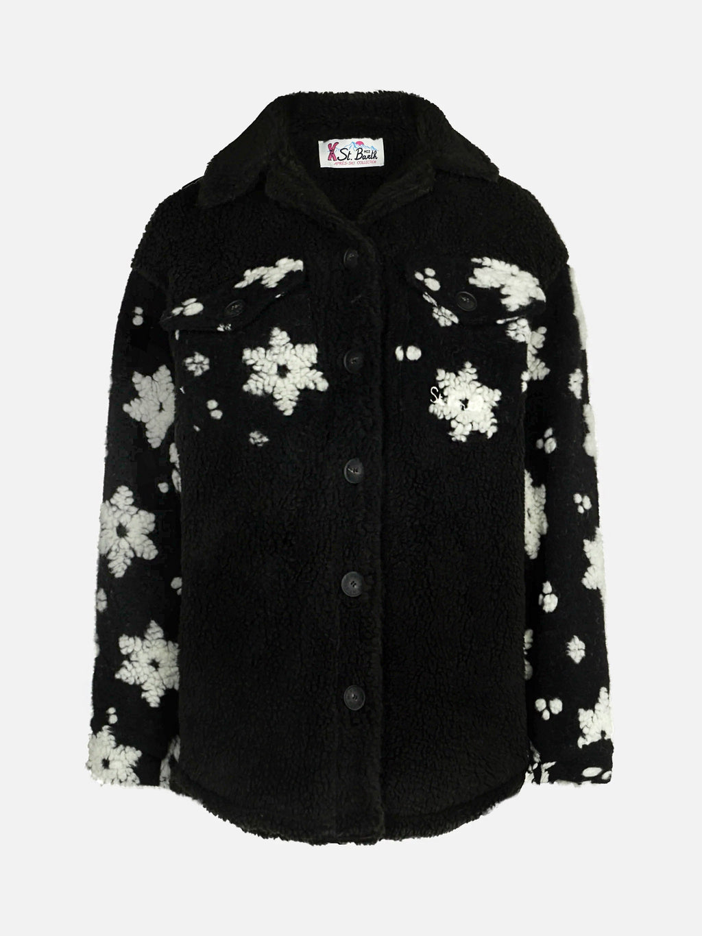 Overshirt Elys nero in sherpa con motivo fiocchi di neve